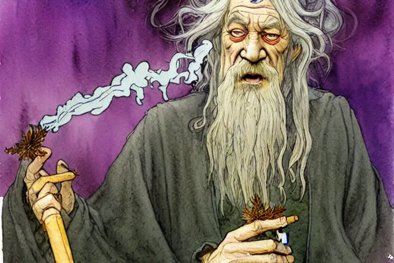 Image similar to a realistic and atmospheric watercolour fantasy character concept art portrait of gandalf with pink eyes lying on his back looking happy and confused and smoking weed out of his pipe with a pot leaf nearby, by rebecca guay, michael kaluta, charles vess and jean moebius giraud