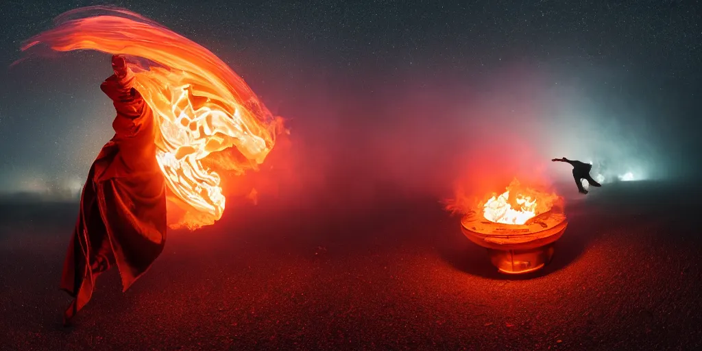 Image similar to fisheye slow motion with trail fire effect of futuristic break dancer wearing long dark cloak and golden helmet emitting fire, long exposure shot , enigmatic, at night in the middle of the arctic with red light A letter, paddle of water, steam, fog, water splashes, rim lights, glossy reflections, water droplets on lens, octane render, Volumetric dynamic lighting, stunning cover magazine, high details, hajime sorayama