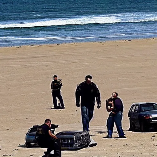 Image similar to federal agents arrest drug dealers on a beautiful beach