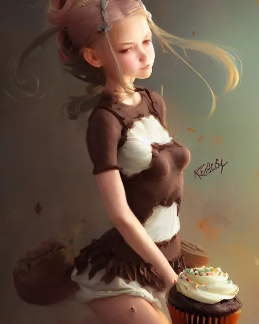 Prompt: a ( ( girl as personification of chocolate cupcake ) ), beauty, fantasy bakery, digital painting by krenz cushart, greg rutkowski, artgerm, laurie greasly, wlop, intricate, highly detailed!!, sharp focus, smooth, epic composition, joyful, unreal engine, masterpiece, 8 k, interesting background