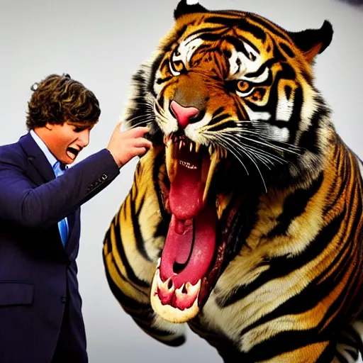 Prompt: a high quality photograph of Tucker Carlson being attacked by a sabertooh tiger, teeth ripping his flesh, he is screaming in agony on the set of Tucker Carlson tonight live on Fox News