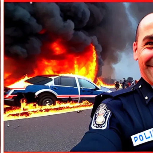 Prompt: smiling cop takes a selfie in front of a riot, cars and buildings on fire, time magazine 2 0 2 2, high detail, 8 k
