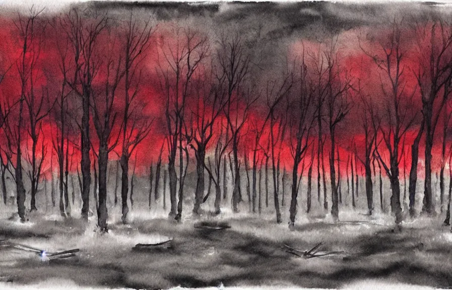 Prompt: graveyard in a dark and gloomy forest and red stream, dark gray sky with red rain, watercolor painting