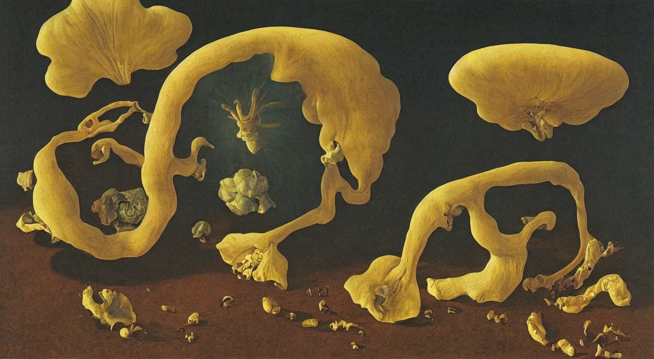 Image similar to one single! fungus in an empty! space. painting by jan van eyck, audubon, rene magritte, agnes pelton, max ernst, walton ford, high contrast!!, dark shadows, sunny day, white background, hard lighting, masterpiece