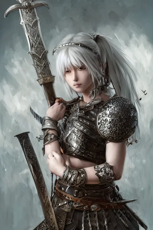 Image similar to A realistic anime portrait of a white haired female barbarian wearing an intricate viking armor, sword wielding, digital painting, by Stanley Artgerm Lau, Sakimichan, WLOP and Rossdraws, digital painting, painterly, Pixiv, Deviantart, golden ratio, rule of thirds, good composition, HD, 8k, award winning, promo art, splash art, rpg, jrpg, dungeons and dragons, DND, trending on ArtStation