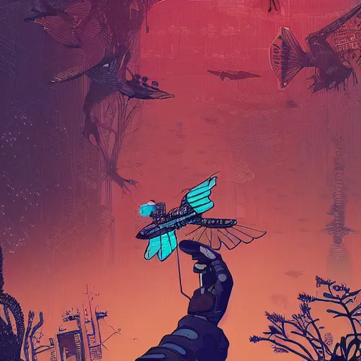 Image similar to Stunningly intricate illustration of single cyberpunk explorer holding with one hand his small friendly flying robot, lush forest in background, highly detailed, midnight, by Victo Ngai and James Gilleard , Moebius, Laurie Greasley