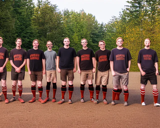 Prompt: rust development team, the team wears high socks, realistic photo