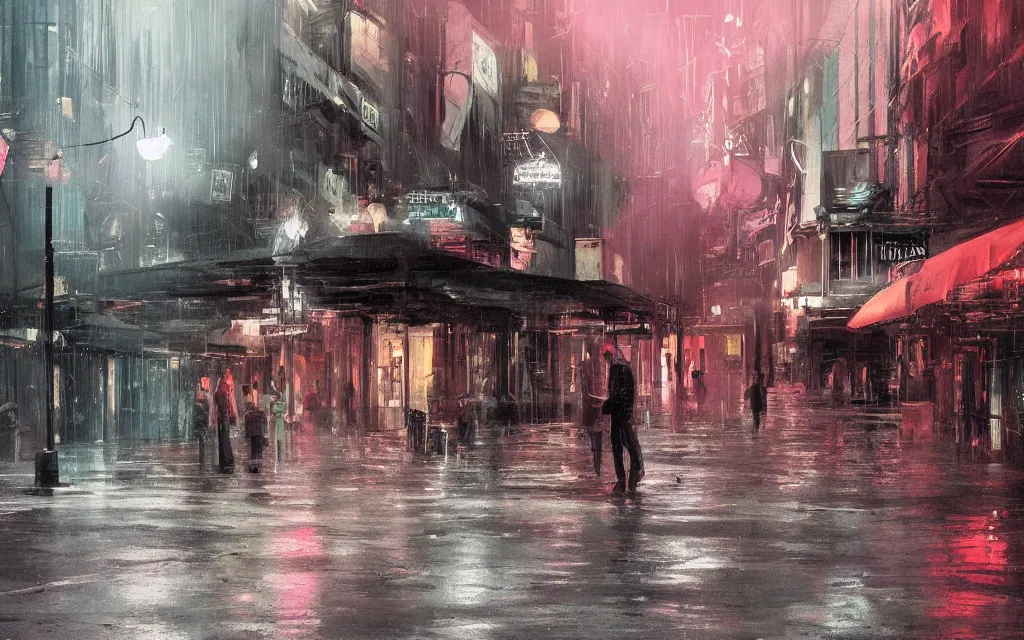 Image similar to concept art, wet helsinki street at night by roger deakins, in the style of syd mead and liam wong