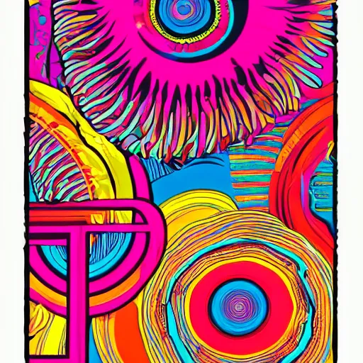 Image similar to colorful psychedelic poster, graphic design, bold lettering, layout, typography