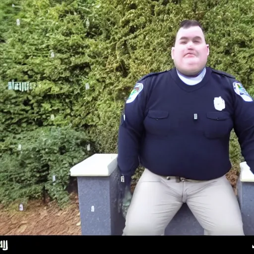 Image similar to clean - shaven chubby chubby chubby 3 2 year old caucasian man from uk. he is wearing navy police sweater and necktie and black boots and police helmet. he is making a youtube apology video