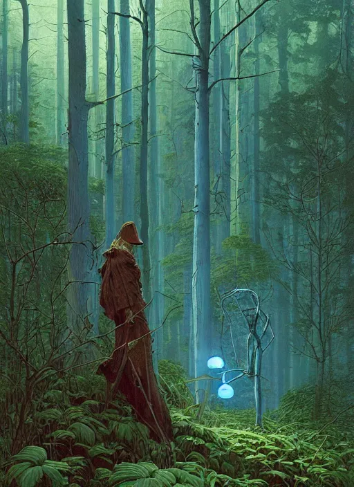 Image similar to hyper realistic witch modem with mood lighting and tech in the woods gorgeous lighting, blue sky, highly detailed, lush forest foliage painting by zdzisław beksinski and norman rockwell and greg rutkowskiweta studio, and lucasfilm