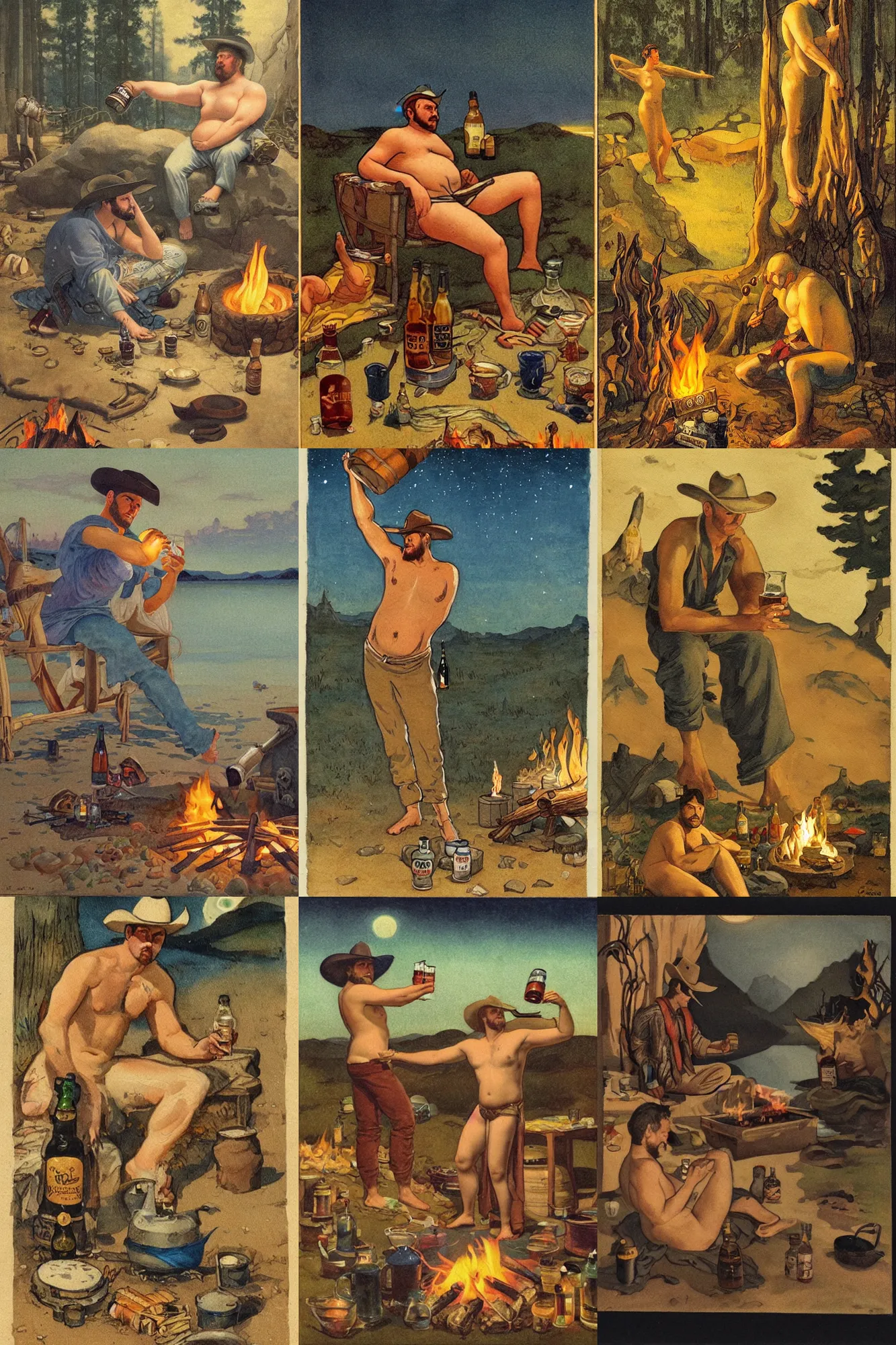 Prompt: a serene, ethereal painting of a handsome mischievous thicc shirtless cowboy with a beer belly | night scene with campfire | food and jugs of whisky in the foreground | tarot card, art deco, art nouveau | by charles maurice detmold | trending on artstation