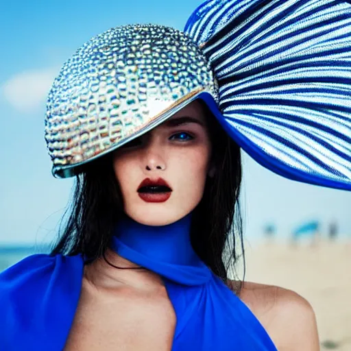 Image similar to close up of a female fashion model in year 3000 at beach, model wearing a huge surreal Avant-garde helmet in blue, photography , official Versace editorial , highly detailed