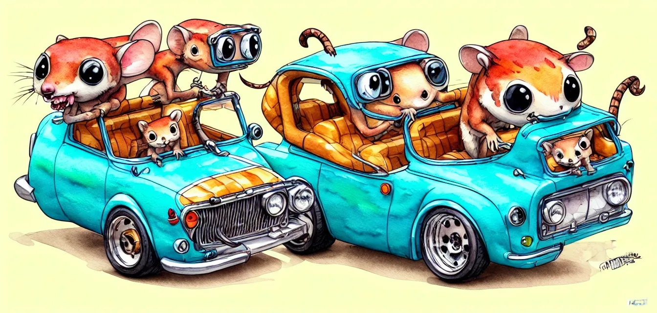 Image similar to cute and funny, quoll riding in a tiny hot rod with oversized engine, ratfink style by ed roth, centered award winning watercolor pen illustration, isometric illustration by chihiro iwasaki, edited by range murata, tiny details by artgerm and watercolor girl, symmetrically isometrically centered