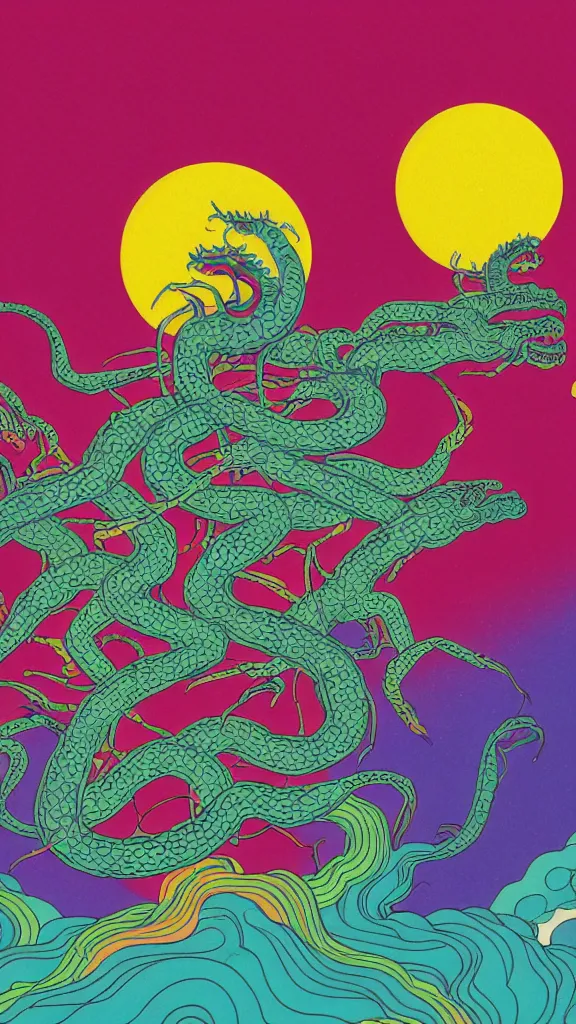 Prompt: a portrait of a lernaean hydra with human heads and psychedelic arms on an acid trip in a multicoloured rainbow in the cosmos, flat design, screen print by Kawase Hasui and dan hillier, 8k unreal engine