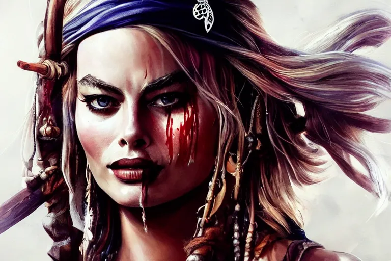 Image similar to beautiful portrait photo of Margot Robbie as Jack Sparrow pirate, elegant, sun shines in the sky, blood in the seahighly, dramatic lighting, detailed, digital painting, artstation, concept art, smooth, sharp focus, illustration, art by artgerm