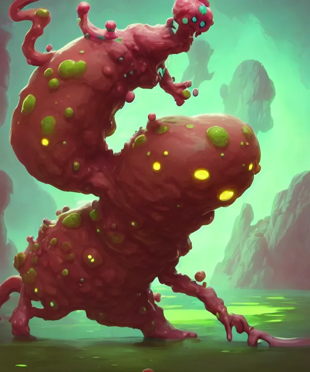 Image similar to an ooze slime creature in a pokemon artstyle, adorable and whimsical, fantasy, elegant, crisp 8 k line work, rim light, digital painting, artstation, unreal engine, octane render, concept art, matte, sharp focus, illustration, art by james jean and justin gerard and josan gonzalez