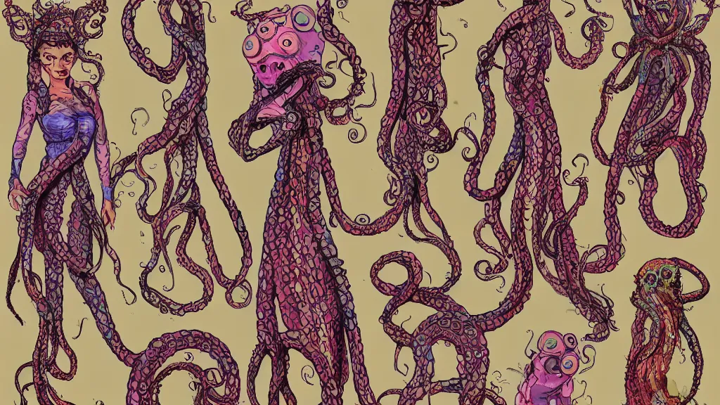 Image similar to aged paper, colorful character sheet for a stocky alien extraterrestrial female servant maid with thick snake - like tentacles instead of hair, long dress with apron, woodstock, psychedelic, 7 0 s, coherent, illustration, digital art, trending on artstation, hd, 8 k, good lighting, beautiful, rough paper, masterpiece