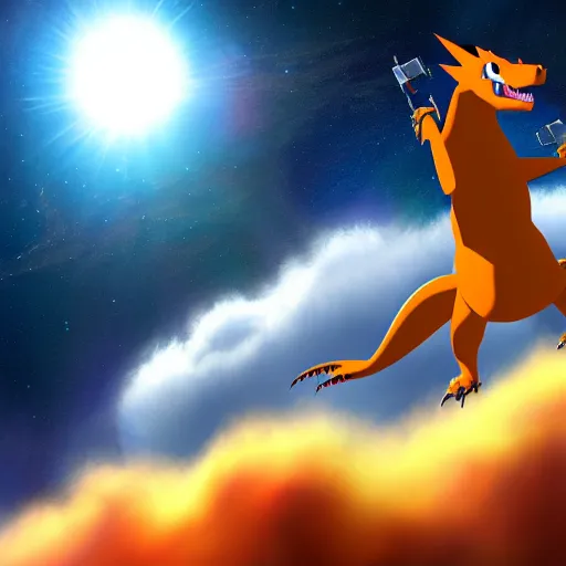 Image similar to ultra realistic charizard from real life flying into space and time above the clouds, the stars and galaxies are shining bright, ue 5, award winning, sharp focus, illustration