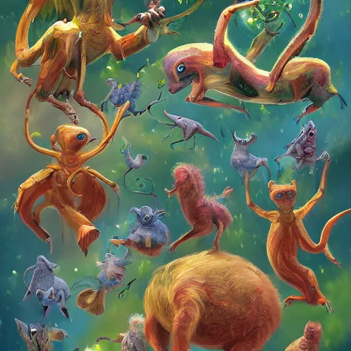 Prompt: joyful, doom by thomas dodd tan. a beautiful digital art of a group of creatures that looks like a mix of different animals. most of the creatures have human - like features, such as arms & legs, & some are standing upright while others are crawling or flying.