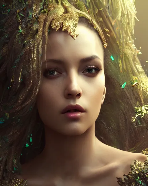 Image similar to beauteous sumptuous dark empress with incredible iridescent pearlescent voluminous hair, photorealistic crystalline masterpiece incrustations, hyperdetailed kind face, elegant pose, movie still, cinematic forest lighting, intricate accuracy, octane render, cgsociety, artgerm, unreal engine, crepuscular rays, god rays