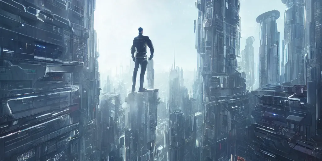 Prompt: a man standing on top of a building overviewing a megastructure futuristic city, cyberpunk, megacity, sci-fi, matte painting, concept art, style by dylan cole