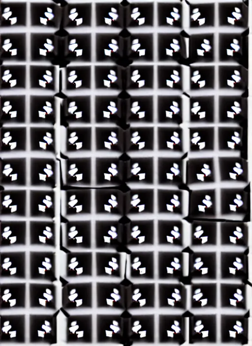 Image similar to grid montage of cube shaped eyes cubes, square shaped black dilated pupils cubes, cube shaped, tiny black squares centered