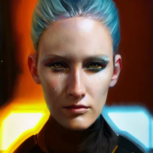 Image similar to cyberpunk cyborg fashion model portrait, hyperrealism oil painting, artstation