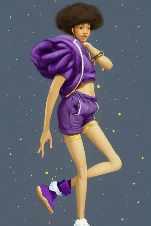 Prompt: Full View of brown skinned girl with short brown skinned hair wearing an oversized purple Beret, Baggy Purple overall shorts, Short Puffy pants made of silk, silk shoes, a big billowy scarf, Golden Ribbon, and white leggings Covered in stars. Short Hair. masterpiece 4k digital illustration by Ruan Jia and Mandy Jurgens and Artgerm and william-adolphe bouguereau, award winning, Artstation, art nouveau aesthetic, Alphonse Mucha background, intricate details, realistic, panoramic view, Hyperdetailed, 8k resolution, intricate art nouveau, in american style pin up.anatomically correct