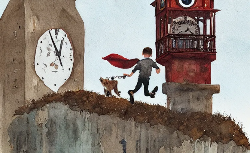 Image similar to a boy fighting a wolf on the edge of a clocktower, by oliver jeffers, watercolor, print