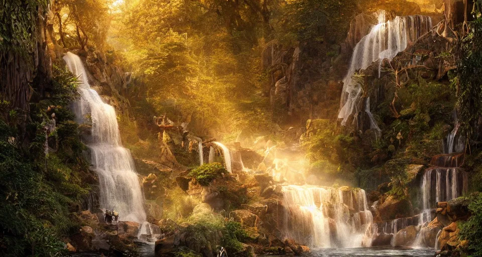 Prompt: rivendell steampunk, waterfalls from clif, dappled golden lighting, cinematic, photographic, realistic, highly detailed, matte painting