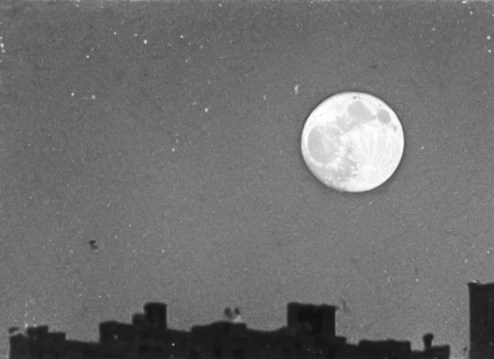 Image similar to vintage photo still of the moon!!!! exploding!!!! exploding moon moon explosion fragments on one side moon rupture moon exploding moon explosion over new york city in the 1 9 2 0 s, black and white, weathered, edge vignette, explosion in the sky, moon exploding