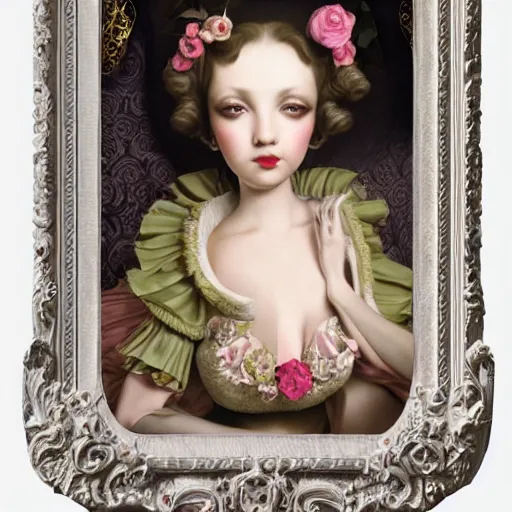 Prompt: a 3 d realistic image of a stunning women looking at the camera mark ryden, rococo, art nouveau, pop 3 d 8 k ultra detailed