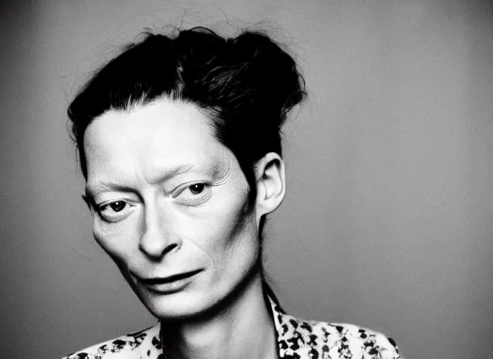 Image similar to professional fine detailed photo portrait of young tilda swinton from makhachkala, dagestan. kid tilda swinton in the postsoviet suburbia, iphone photo, instagram, black and white - - cfg _ scale 7