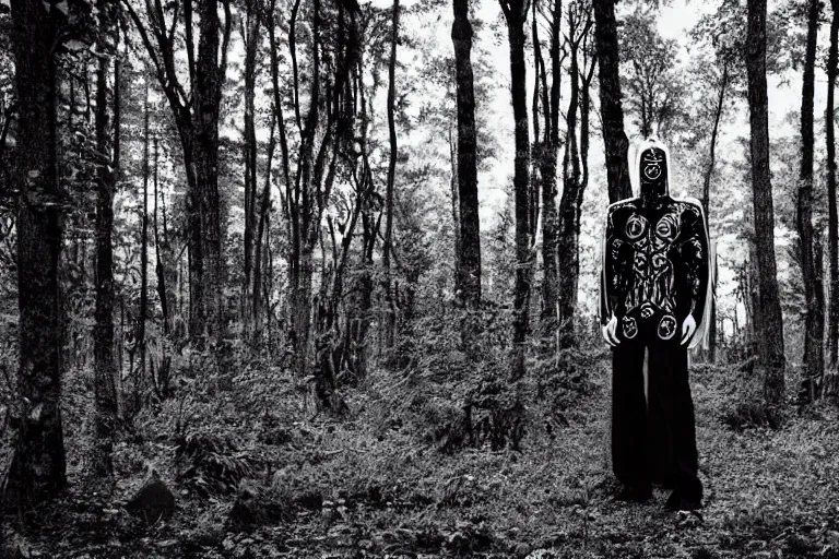 Image similar to versace avant garde male tunics intricate choatic textiles streetwear cyberpunk posing in the woods trees cloudy overcast dark late evening dramatic mysterious 3 5 mm professional