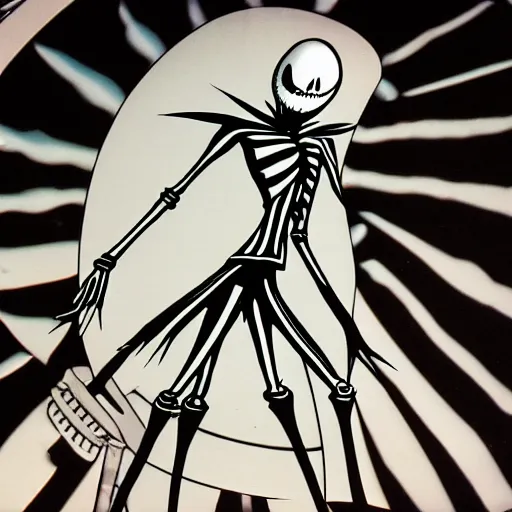 Image similar to Jack Skellington from Tim Burtons Nightmare Before Christmas on the bridge of the USS Enterprise