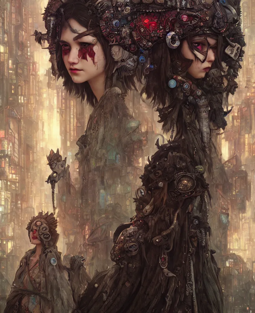 Image similar to hyper realistic Princess Mononoke, spooky mask, busy cyberpunk metropolis, city landscape, jewels, style of tom bagshaw, mucha, james gurney, norman rockwell, denoised, sharp