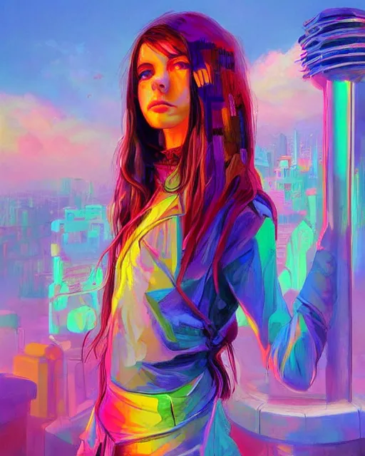 Image similar to colorful portrait of a brunette hippie, but set in the future 2 1 5 0 | highly detailed | very intricate | symmetrical | professional model | cinematic lighting | award - winning | painted by mandy jurgens | pan futurism, dystopian, bold psychedelic colors, cyberpunk, anime aesthestic | featured on artstation