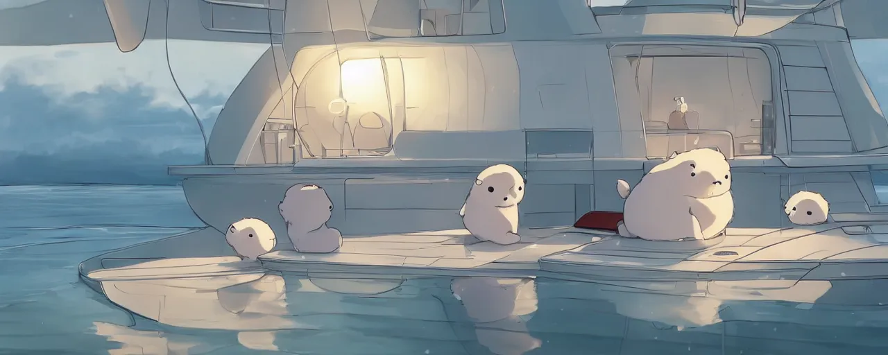 Image similar to baby harp seal on a mega yacht, detailed, atey ghailan, goro fujita, studio ghibli, rim light, exquisite lighting, clear focus, very coherent,