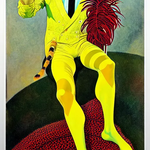 Image similar to art by joshua middleton, a close up portrait of the golden creeper, a tall manically smiling yellow - skinned man with green and black striped cycling shorts and wearing a long red and black striped ostrich feather boa, yellow makeup, mucha, kandinsky, poster, art deco motifs, comic art, stylised design, scarlet feather boa