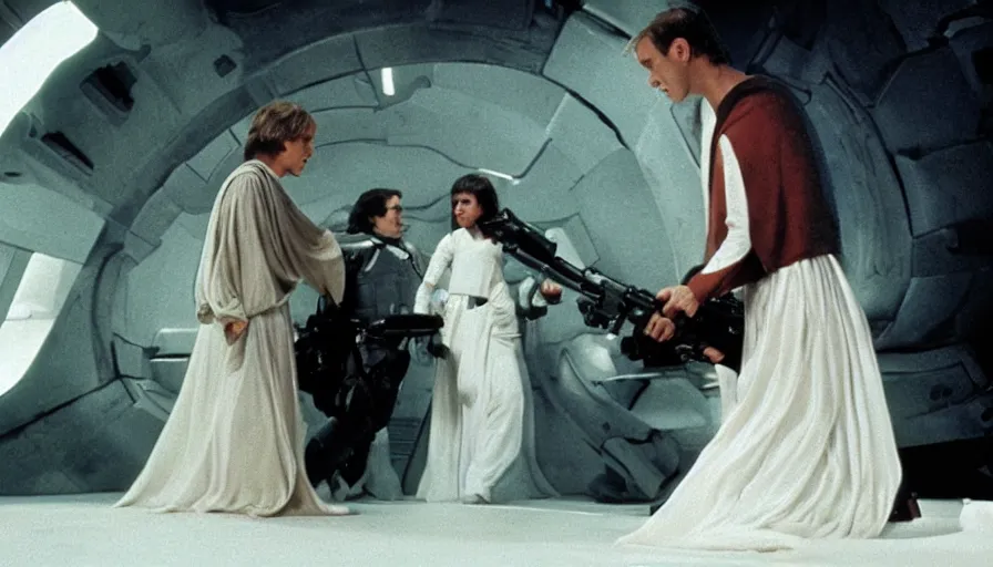 Image similar to screenshot portrait of Luke Skywalker and Princess Leia, facing off against an incredibly haunting female sith lord in white, on a sith planet of purple magic maelstrom, iconic scene from the 1970s sci fi thriller film by Stanley Kubrick, HR Geiger, stunning cinematography, hyper-detailed, sharp, anamorphic lenses, kodak color stock, 4k, stunning