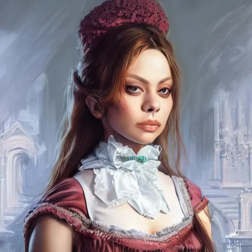 Prompt: a portrait of ornella muti as a french maid, urban motifs, intricate, elegant, highly detailed, digital painting, trending on artstation, concept art, smooth sharp focus, illustration, art by artgerm and greg rutkowski