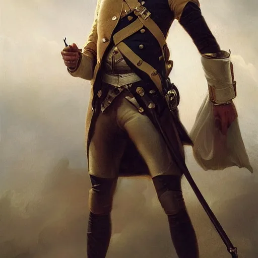 Prompt: a dramatic epic ethereal portrait of a general in French revolutionary wars, 18th century,, full body with dynamic pose, male, detailed face, cinematic lighting, highly detailed oil on canvas painting by Greg Rutkowski, winning-award digital art trending on Artstation H 1024 W 832