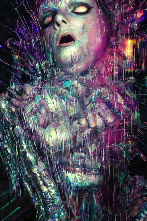 Image similar to portrait, headshot, digital painting, an beautiful techno - shaman lady in circuit electronic mask, screaming, translucent, shiny, pearlescent, synthwave, glitch, fracture,, realistic, hyperdetailed, chiaroscuro, concept art, art by john berkey