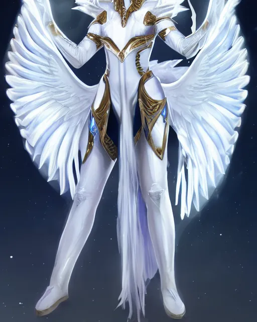 Prompt: perfect white haired egyptian goddess wearing white dove wings, warframe armor, regal, attractive, ornate, sultry, beautiful, ice queen, half asian, pretty face, blue eyes, detailed, scifi platform, 4 k, ultra realistic, epic lighting, illuminated, cinematic, masterpiece, art by akihito tsukushi, voidstar