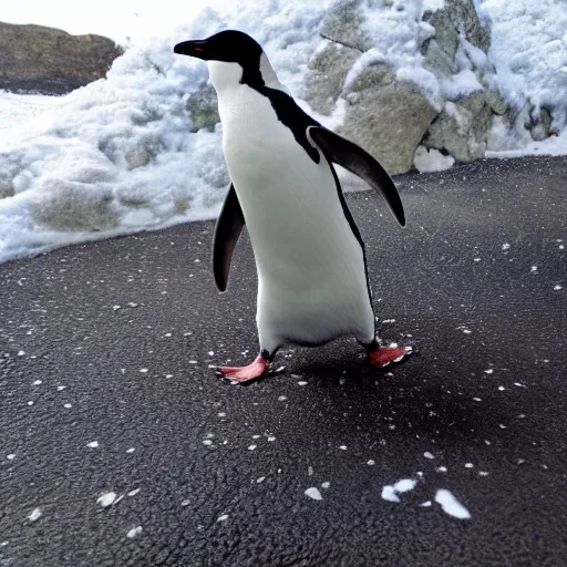 Prompt: skipper the penguin caught on trail cam