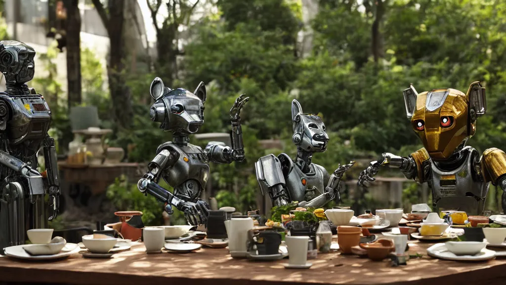 Image similar to film still from the movie chappie of the robot chappie shiny metal outdoor park plants garden scene bokeh depth of field several figures sitting down at a table having a tea party furry anthro anthropomorphic stylized cat ears wolf muzzle head android service droid robot machine fursona