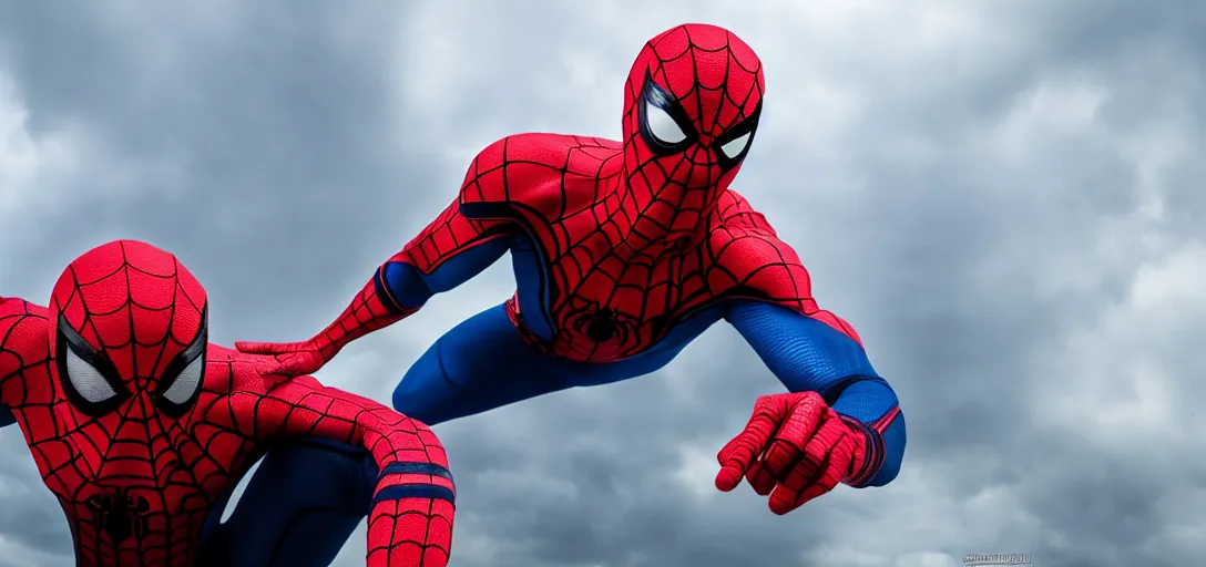 Image similar to Gigachad as Spider-Man, film still, wide-shot, full shot, cinematic lens, heroic portrait