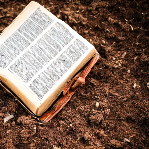 Image similar to a bible half buried and dusty in the ground, seen in a 7 0 mm macro lens