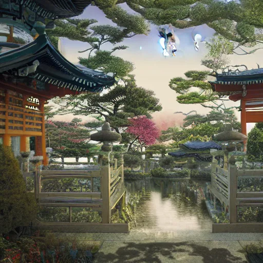 Prompt: traditional shinto garden, photorealistic, baroque, renaissance, by emedios varo and anato finnstark and fenghua zhong, hyperrealism, 4 k 8 k, 3 d, masterpiece, texture, captivating, awe inspiring